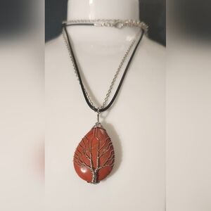 Natural Stone Silver and Red Tree of Life Pendant Necklace